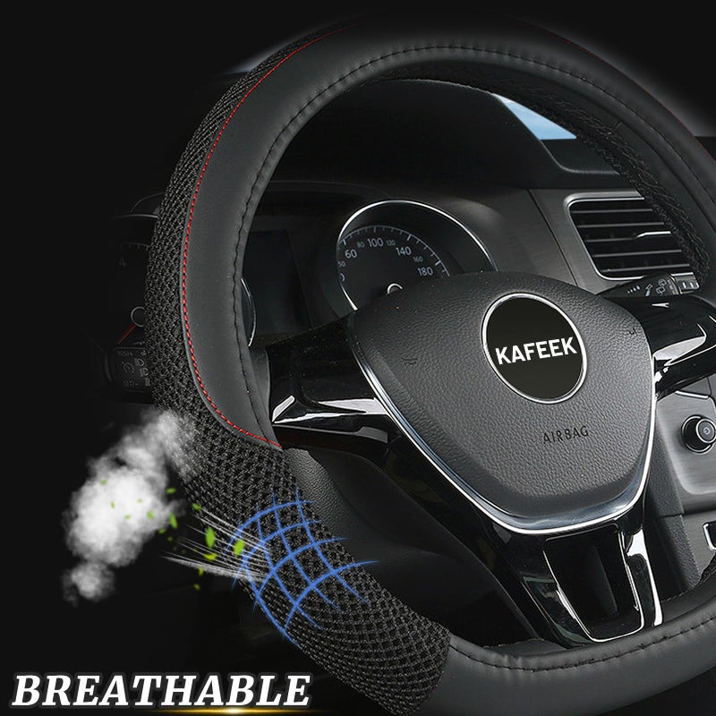 KAFEEK D Shape Steering Wheel Cover, Universal 15 inch, Microfiber Leather Viscose, Breathable, Anti-Slip,Warm in Winter and Cool in Summer, Black - Image 3